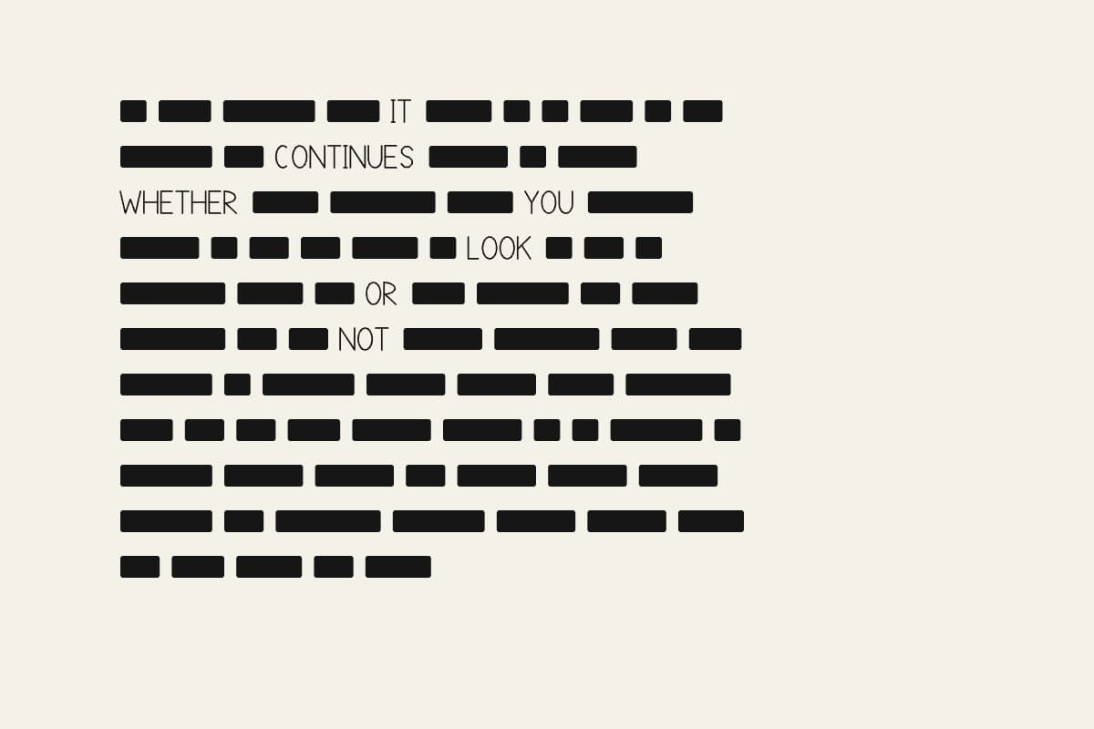 A page of redacted text, black bars covering every word except a few