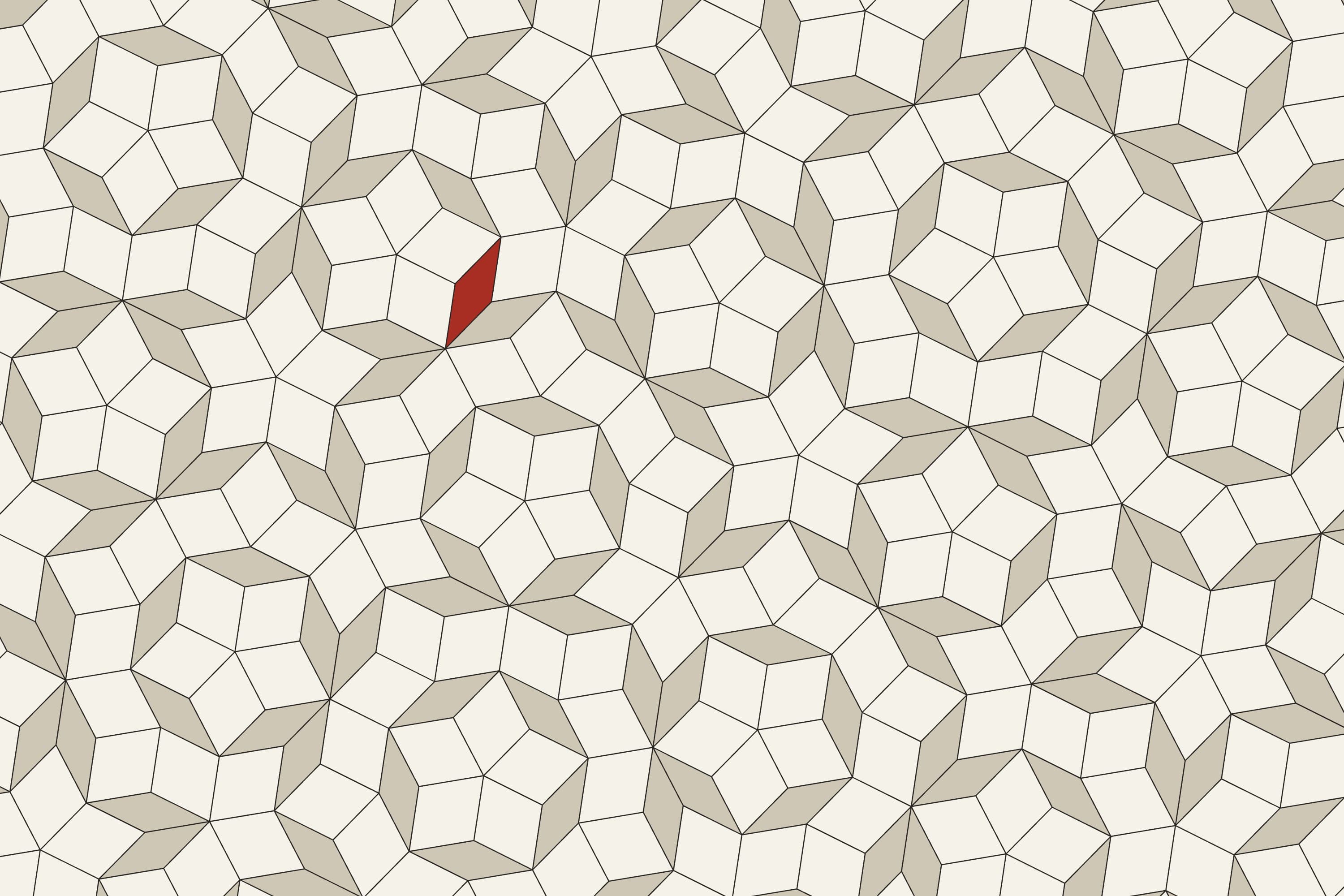 A Penrose tiling: two rhombs laid by a rule that fills the plane and never repeats, with a single tile inked red